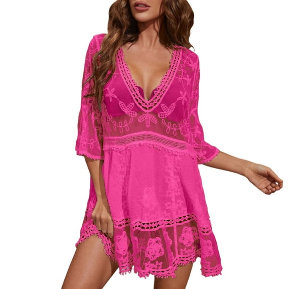 Sun Shirts for Women Long Sleeve UV Protection Spf Shirts for Women Long Sleeve Women's Summer Casual Dress V Neck Lace Hollow Out Beach Cover Up Bikini Dress For Vacation Resort Holiday Party