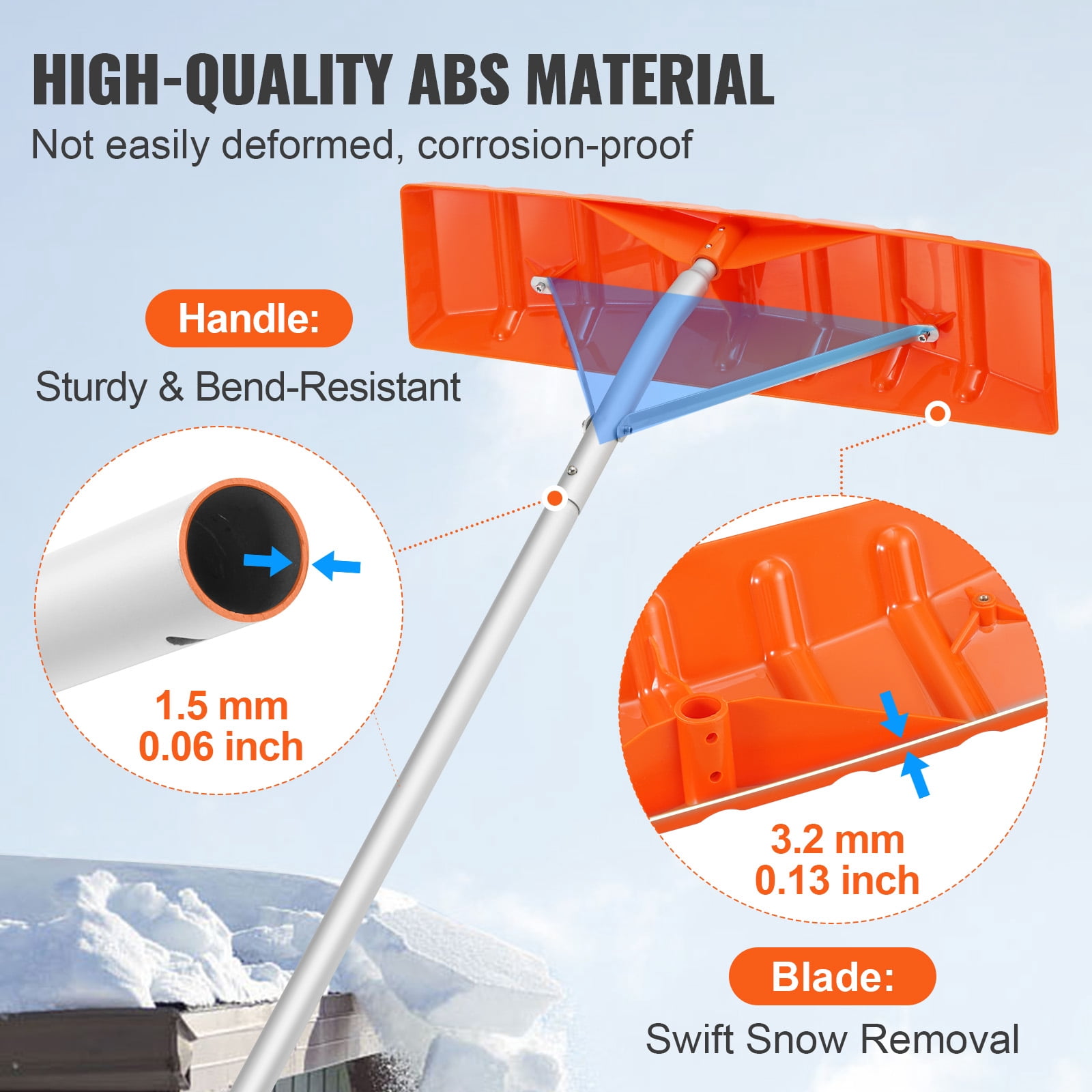 VEVOR Snow Rake 25'' ABS Blade Snow Removal Tool 21ft Aluminium Roof Shovel