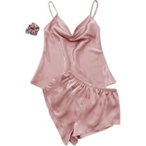 Women's Satin Pajama Set Soft 2 Piece Booty Shorts Lounge Set Silk Cami Shorts Set Summer Sleepwear Cowl Neck Tank Peach Large