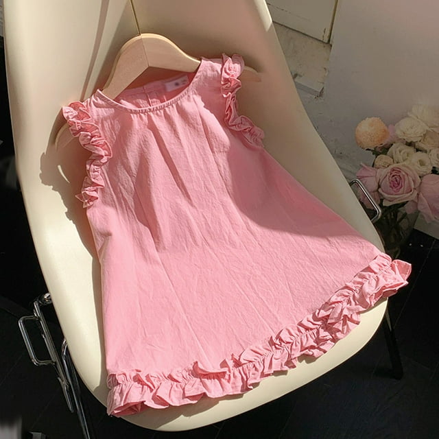 Sleeveless Round-Neck Dress, Children Solid Color Loose Girl Ruffle Sleeve Princess Dress Round-Neck Sleeveless Round-Neck Dress