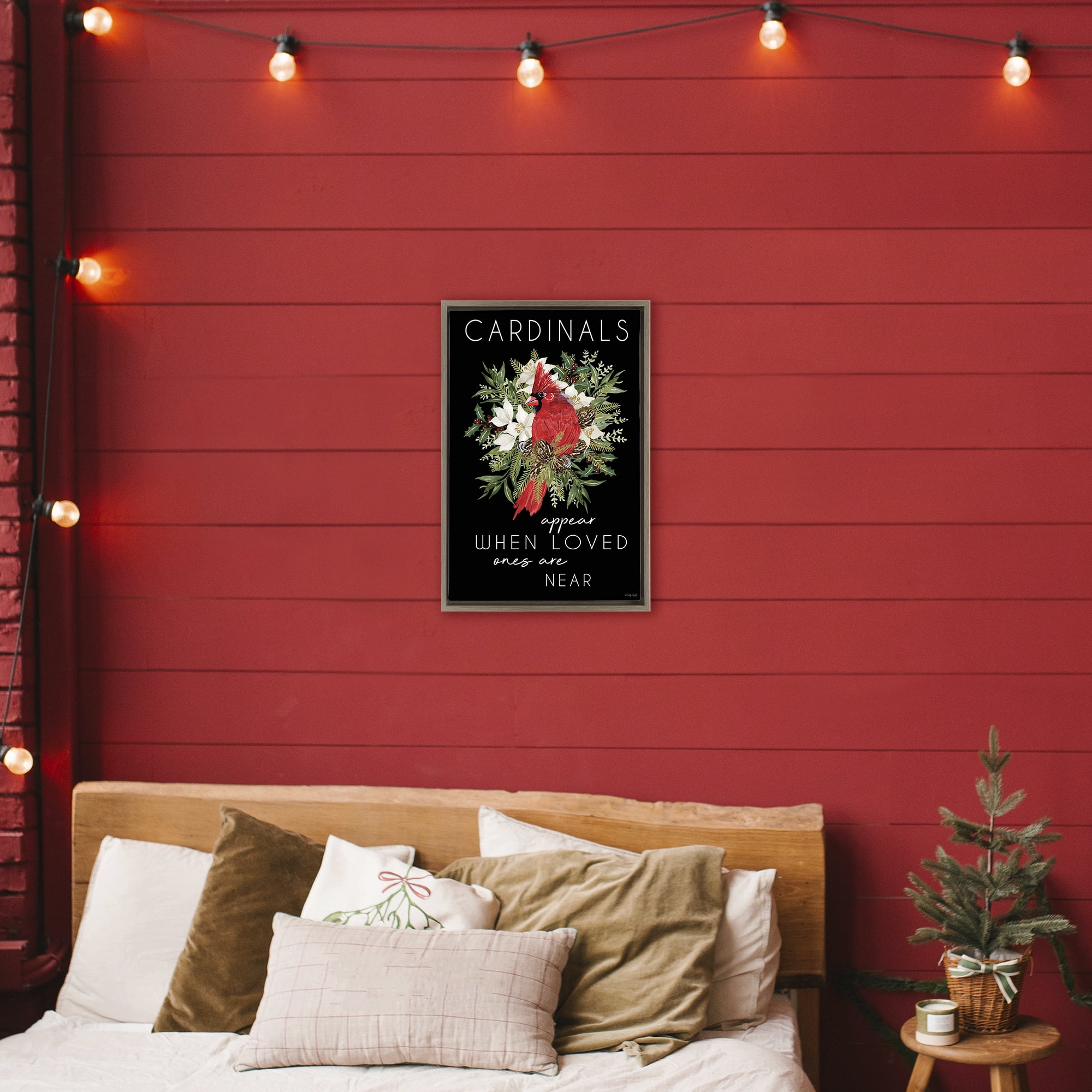 Cardinals Appear Seasonal Sentiment Brown Framed Floater Canvas Wall Art, design by Cindy Jacobs