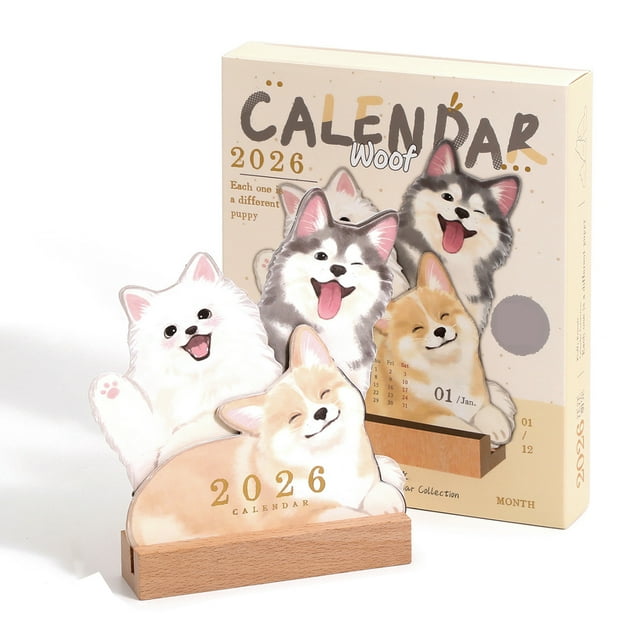 heritaly Calendrier Année 2026 avec Série de Chats et Chiens Mignons, Structure de Soutien Robuste, Série de Chiens Mignons, Calendrier de Bureau type+1