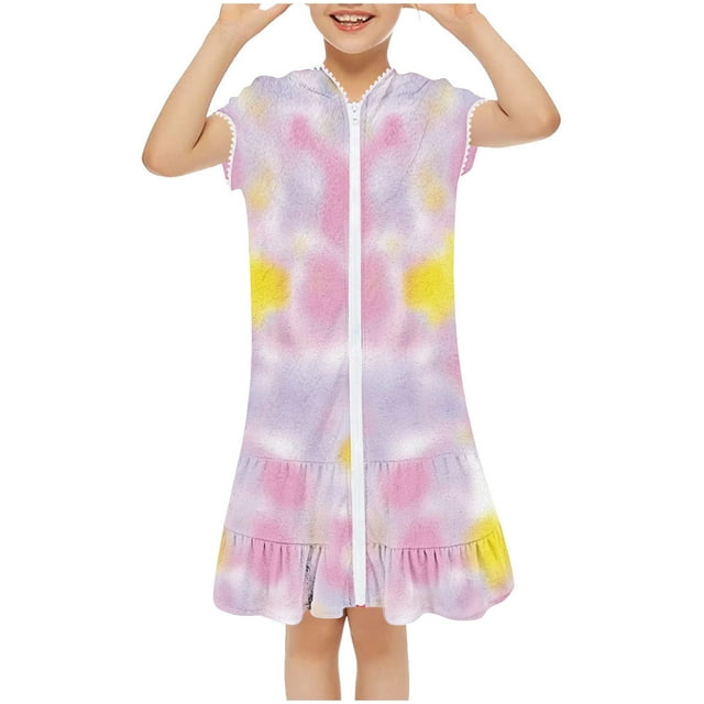 2025 Toddler Little Girls Swim Cover Up Zip Up Hooded Towel Terry Swimsuit Robe Pool Beach Bathing Suit Wraps Swimwear Multicolor