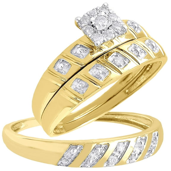 Diamond Trio Set Engagement Ring 10k Yellow Gold Round Wedding Band 0.13 Ct