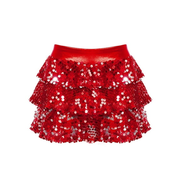ranrann Girls Shiny Sequins Skirted Shorts Ruffle Layers Culottes Salsa Latin Ballet Dance Dancewear Red 16