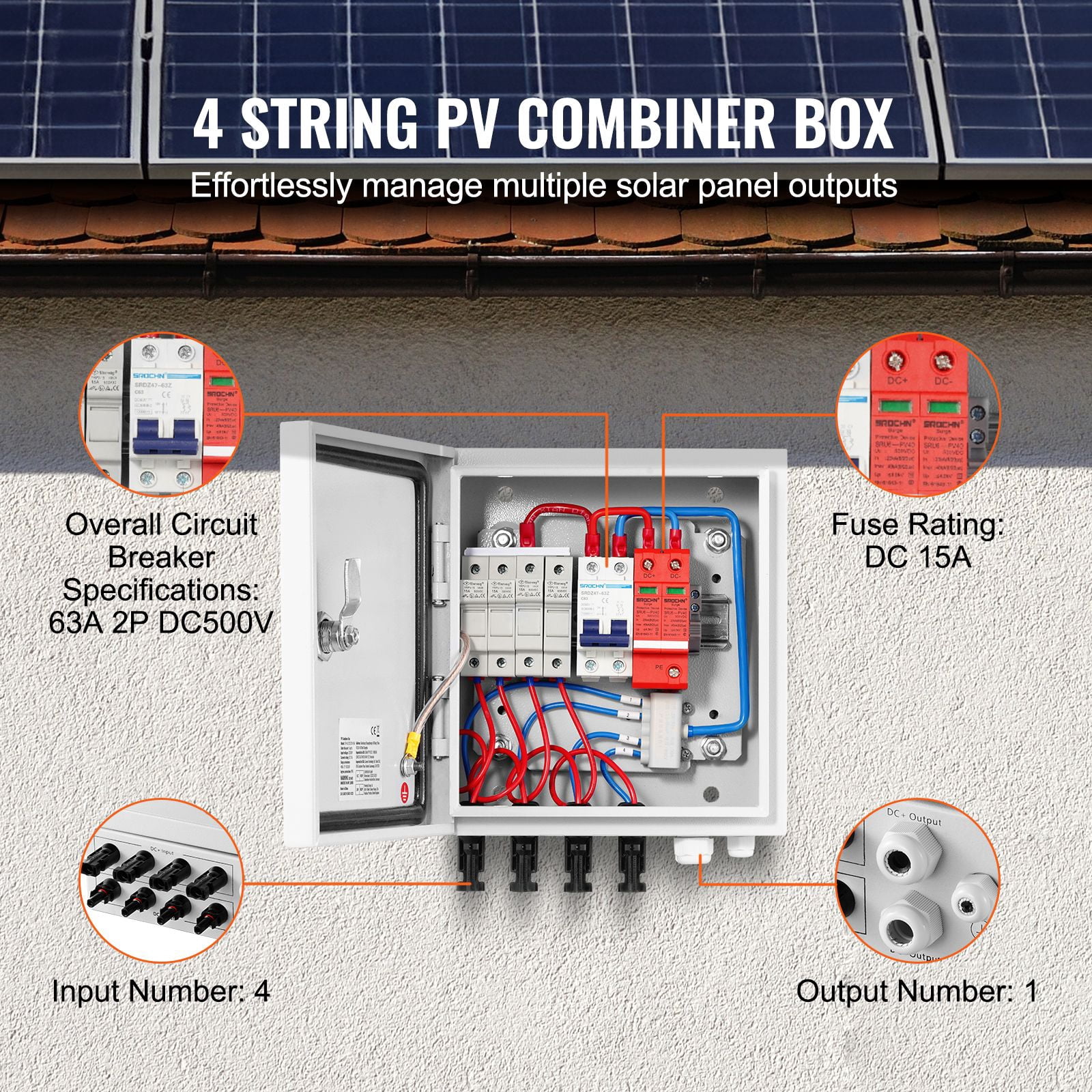 4-String PV Combiner Box with 15A DC Fuses, 63A Circuit Breaker, IP65 Waterproof, Lightning Protection, for Solar Panel Systems