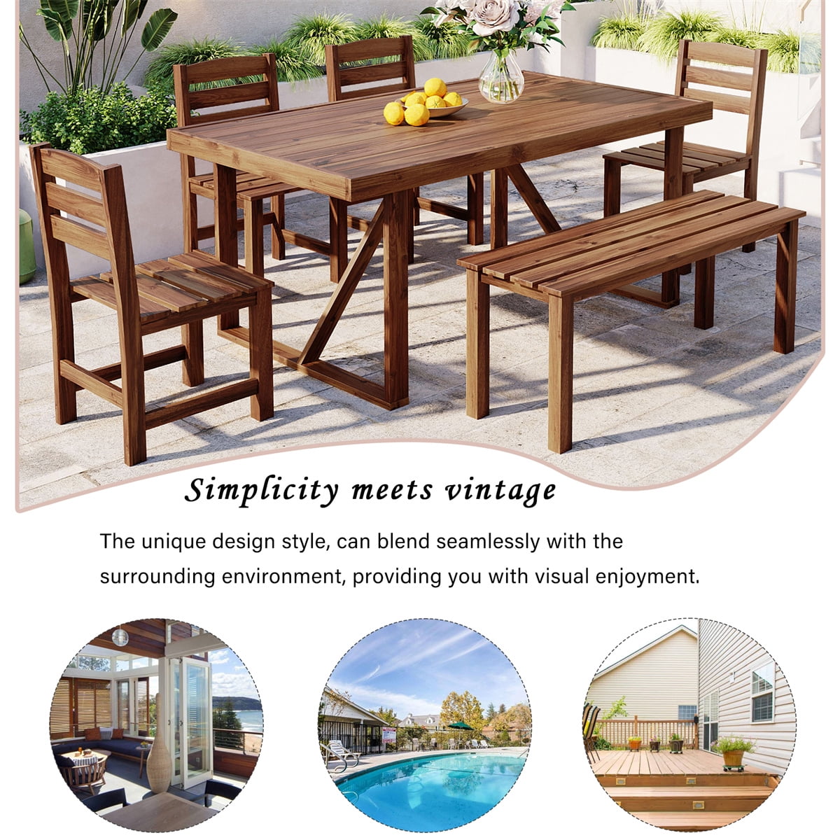 HighSound 6-Piece Outdoor Acacia Wood Dining Set, Patio Table and Chairs Set with Bench for 6-7 People, Outdoor Dining Furniture Set for Garden, Backyard and Poolside, Brown