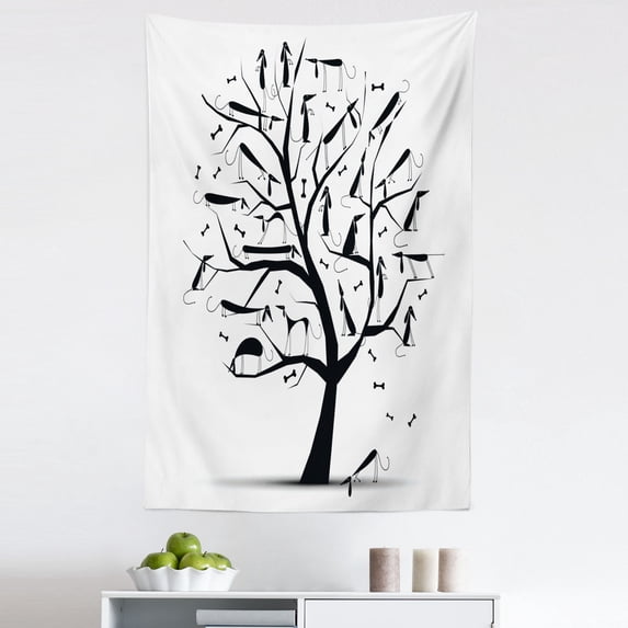 Abstract Tapestry, Monochrome Autumn Season Tree with Dog Silhouettes on the Branches Dachshund, Fabric Wall Hanging Decor for Bedroom Living Room Dorm, 5 Sizes, Black and White, by Ambesonne