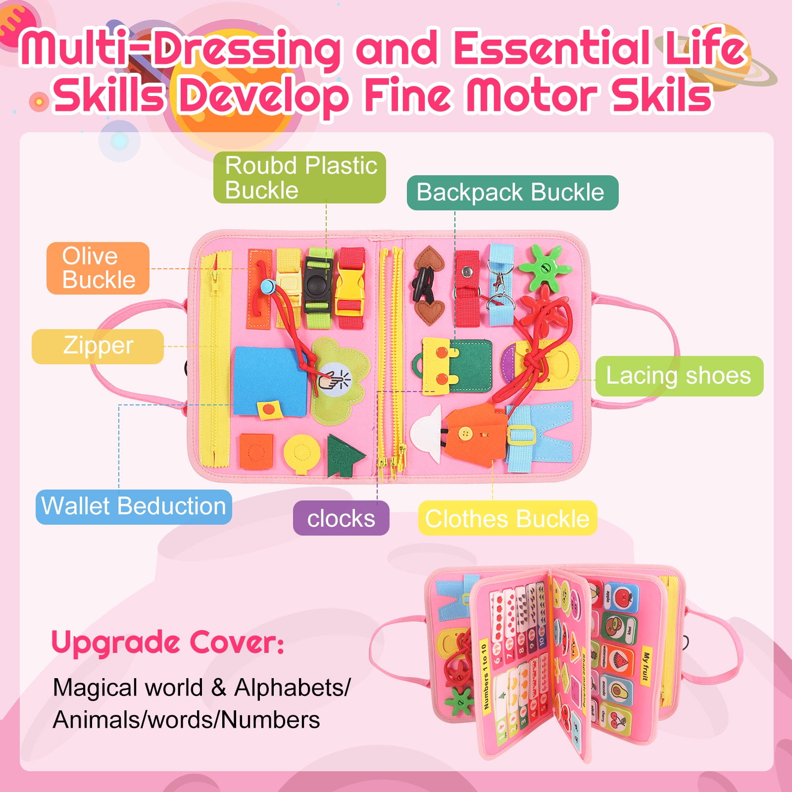 Montessori Busy Board - Ideal Busy Book Toddler Toys & Gifts for Boys & Girls, Toddler Travel Essential for Airplane & Car, Sensory Toys, Great for Baby Gifts for Boys