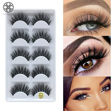 Luxtrada 5 Pair 3D Reusable Black Real Mink Natural Cross Long Thick Eye Lashes False Eyelashes Best for Women