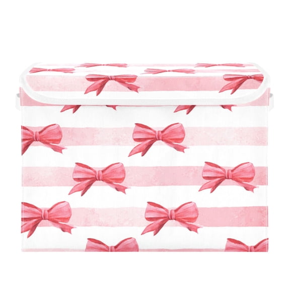 Horizontal Pink Stripes Bows Watercolor Foldable Storage Bin with Lid and Handle Collapsible Storage Box 16.5 x 12.6 x 11.8 inches