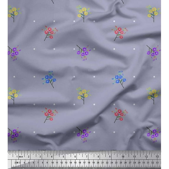 Soimoi Grey Silk Fabric Dot & Floral Artistic Print Sewing Fabric Yard 42 Inch Wide