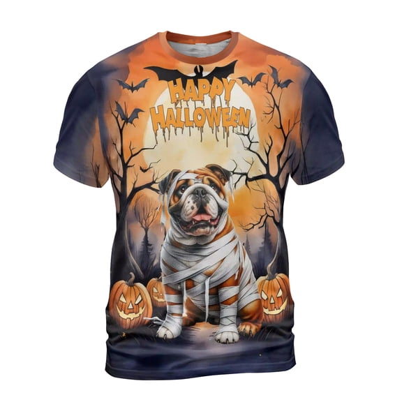 Mummy Bulldog Happy Halloween with Pumpkins Bats Spooky Fun All Over Print 3D Shirt Unisex Merch Dog Lover Gifts Idea - 00019