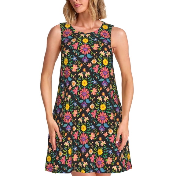 Spring Summer Dresses for Women 2025 - Mexican Folk Art Floral Swimsuit Coverup Sundresses for Women, Beach Vacation Clothes for Women, Hawaiian Tshirt Dresses for Women