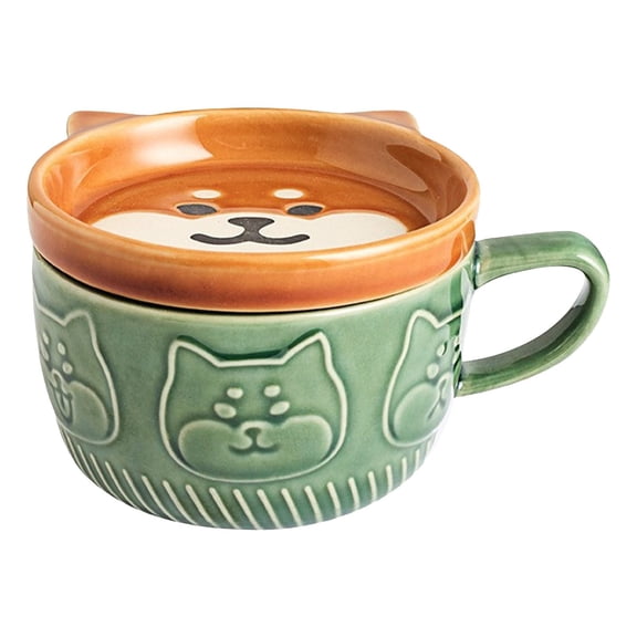 Lshylf Cute Ceramic Soup Mug With Lid Plate And Handles Oven Microwave Dishwasher Coffee Cup Ramen Noodle Oatmeal Cereal Travel Lunch Container,Light Green,3.94*3.94*2.95 in