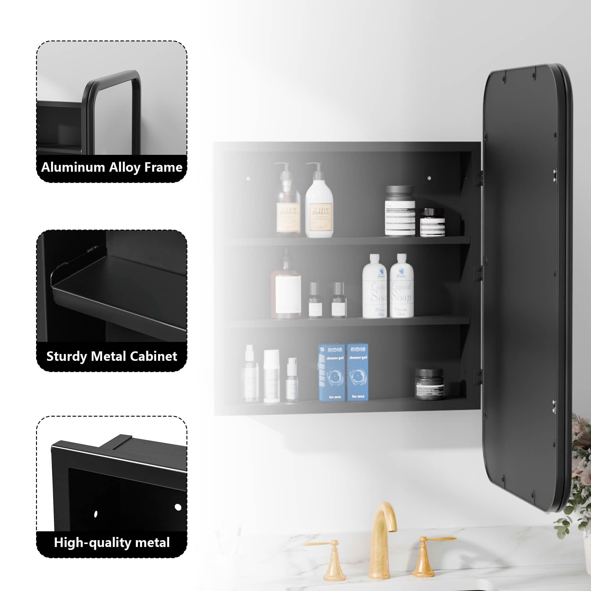 MAYEERTY 30x20x5 Inch Black Metal Round Corner Rectangular Medicine Cabinet for Bathroom