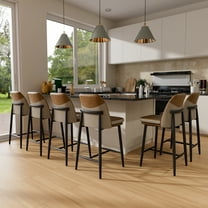 HomeZeer Bar Stools Set of 6, 26" Upholstered Counter Height Textured Leather & Fabric with Low Back & Metal Legs, Barstools for Kitchen Island, Dining Room & Home Bar, Brown