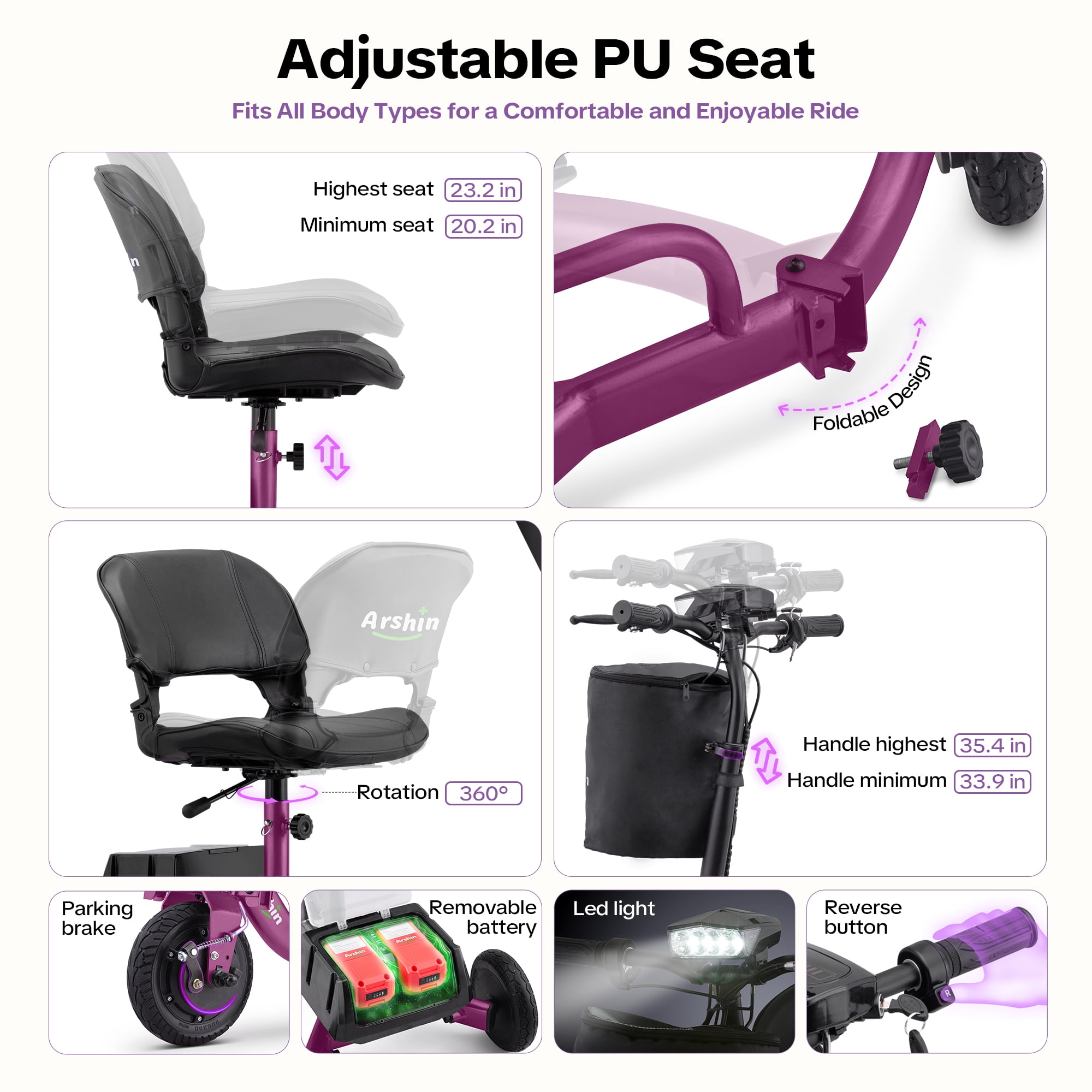 QEASET Foldable Lightweight Electric Mobility Scooter for Adults – Compact Short-Distance Travel Aid, Purple