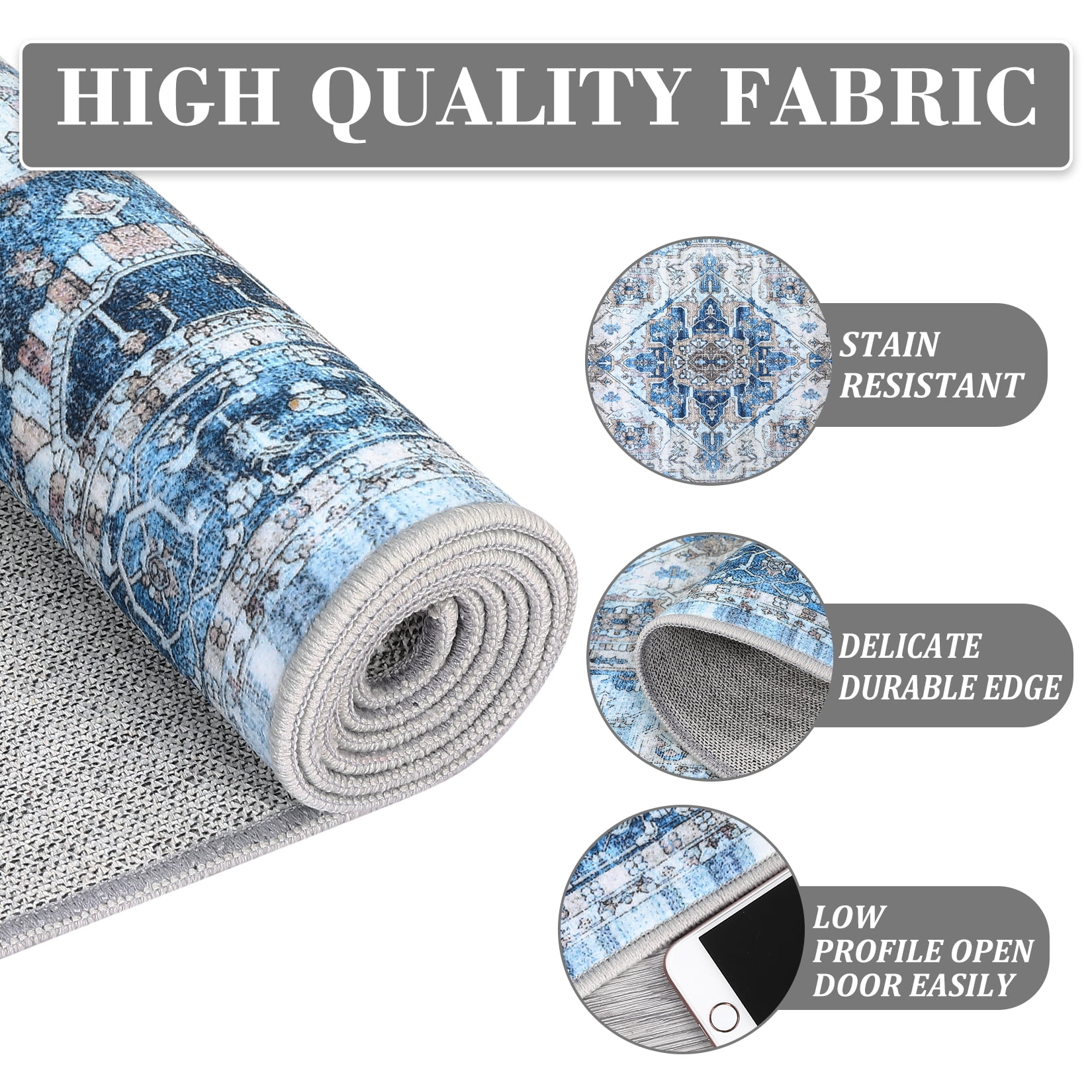 FairOnly 9'x12' Blue Machine Washable Living Room Area Rugs Boho Vintage Rugs for Bathroom Indoor Floor Non Shedding Rugs Home Office Carpet