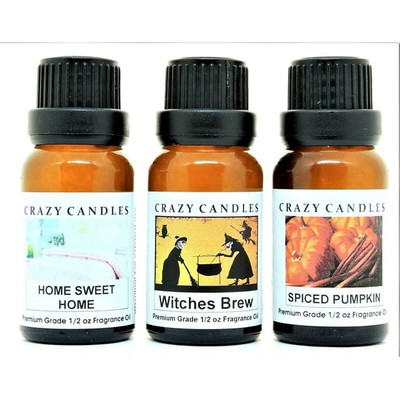 Crazy Candles 3 Bottles Set, 1 Home Sweet Home, 1 Spiced Pumpkin, 1 Witches Brew 1/2 Fl Oz Each (15ml) Premium Grade Scented Fragrance Oils