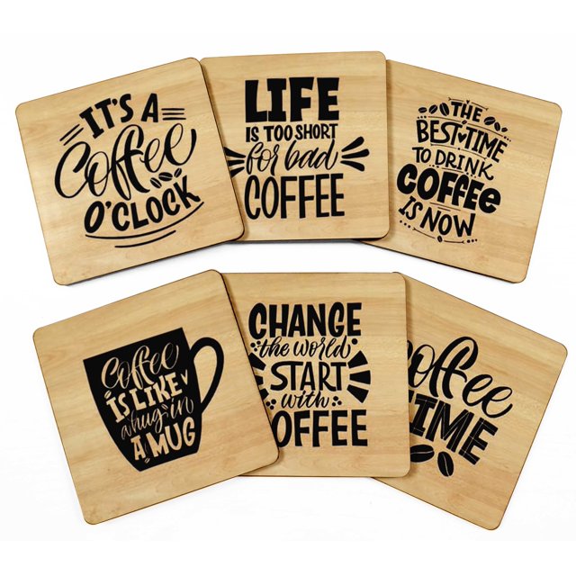 Inkdotpot Set of 6 Drink Coasters Easy Clean 4-inch SquareCoastersCork Base-Reusable- Coffee Quote