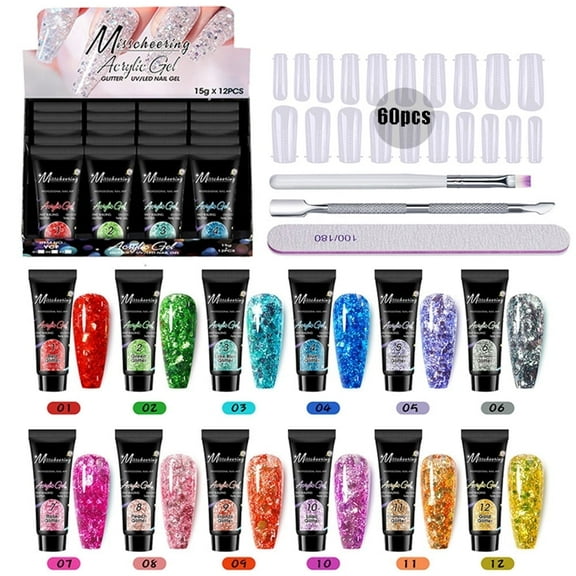 Poly Nail Gel Kit 12 PCS Diamond Poly Nail Gel Colors Nude Yellow Red Green Purple Blue Pink Glitter Poly Nail Gel Poly Extension Gel Nail Kit Gifts For Wome