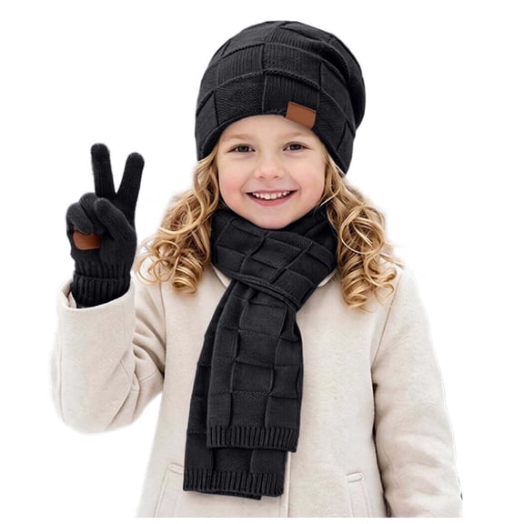 Karoyedx Girls Hat And Gloves Kids Winter Hat Gloves Scarf Set Girls Boys Beanie Hats Gloves Knit Set with Thick Warm Fleece Lined Black Size,5-10 Years
