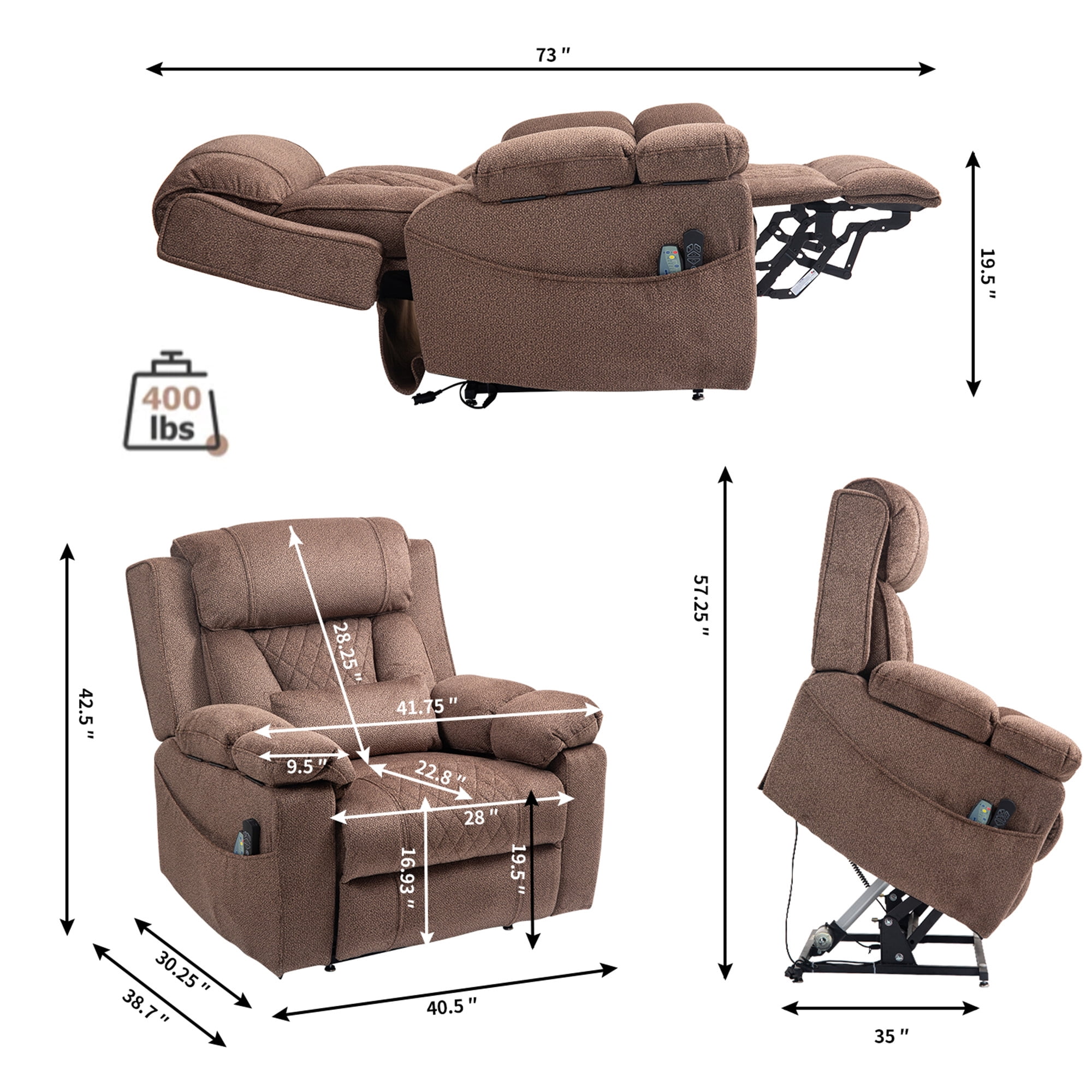 LITVZ Oversized Lift Assist Recliner Chair with Massage Heating, Extra Wide Lay Flat Recliner Chairs with Lumbar Pillow, Flip Arm Storage Cup Holders and USB Type C Charging for Elderly Sleeping