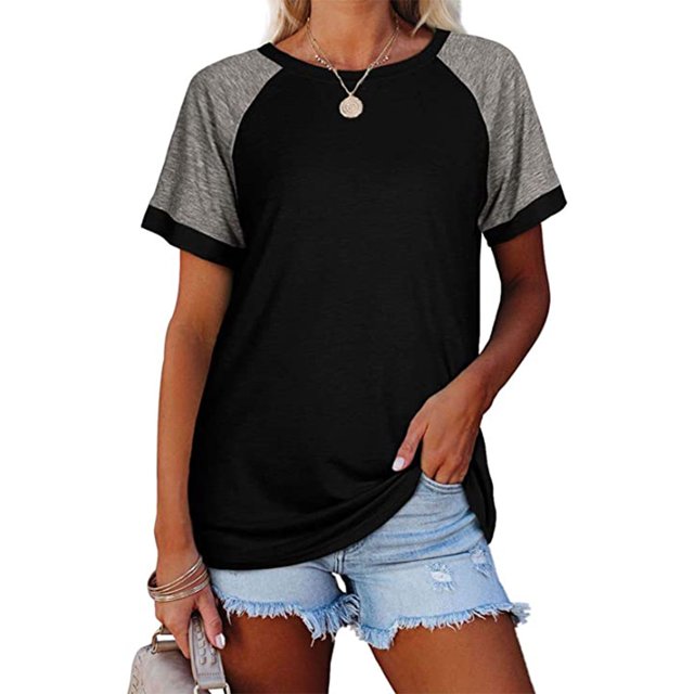 Femmes T-Shirt Couleur Bloc Chemisier à Manches Courtes Col Rond Top en Vrac Femmes Manches Courtes Haut Col Rond Causal Chemisier, Noir, XXL