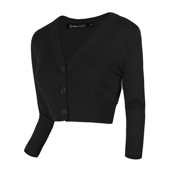 Urban CoCo Women's 3/4 Sleeve V-Neck Cropped Cardigan (Black, S)