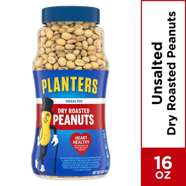 Planters Dry Roasted Peanuts, Unsalted, 16.0 oz Jar