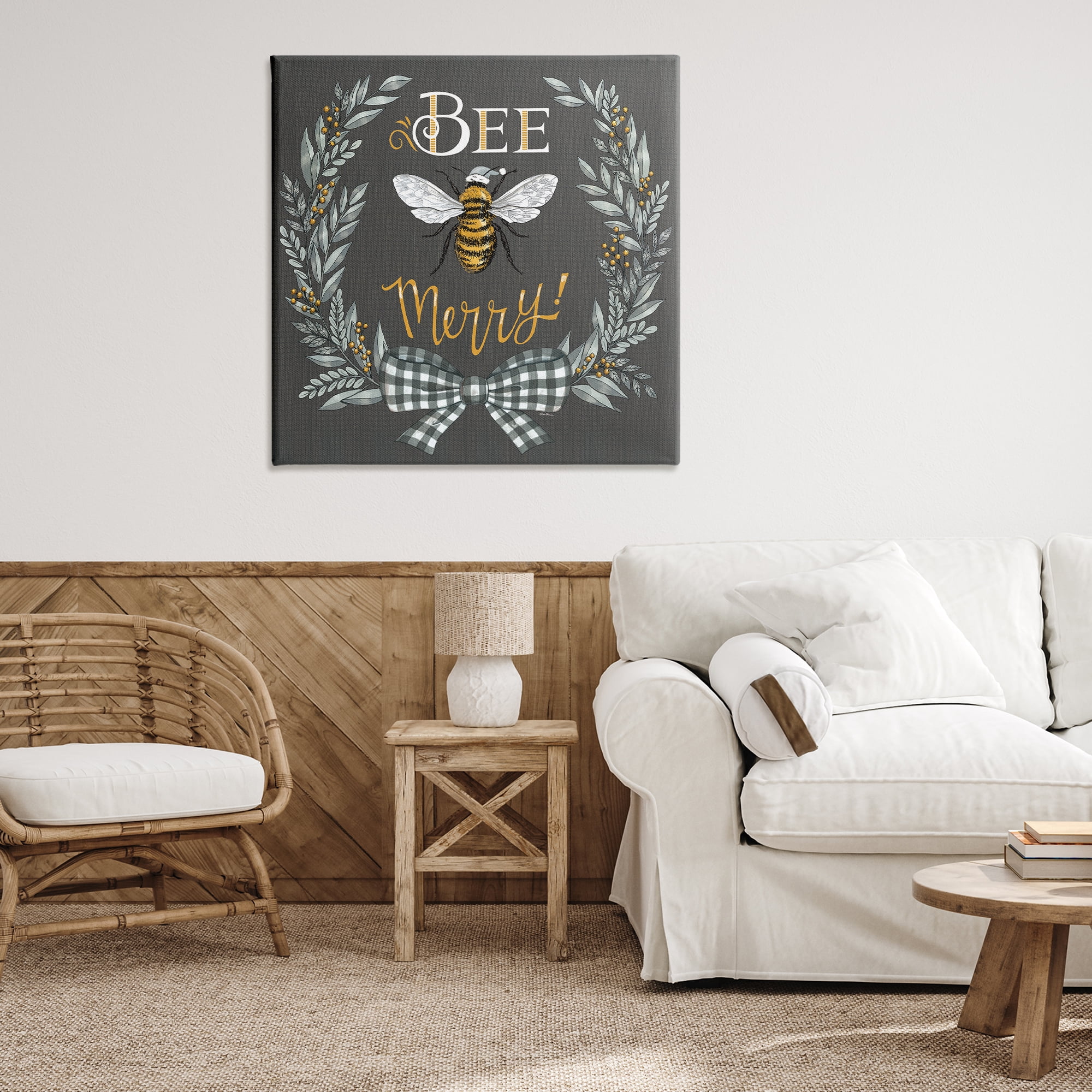 Stupell Industries Bee Merry with Garland Plants & Flowers Painting Wrapped Canvas Art Print Wall Art, 36 x 36