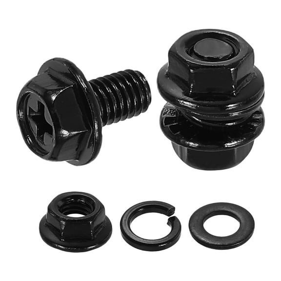 M5 x 8mm 10Pcs Phillips Flanged Hex Bolts with Nuts, Flat & Lock Washers, Black