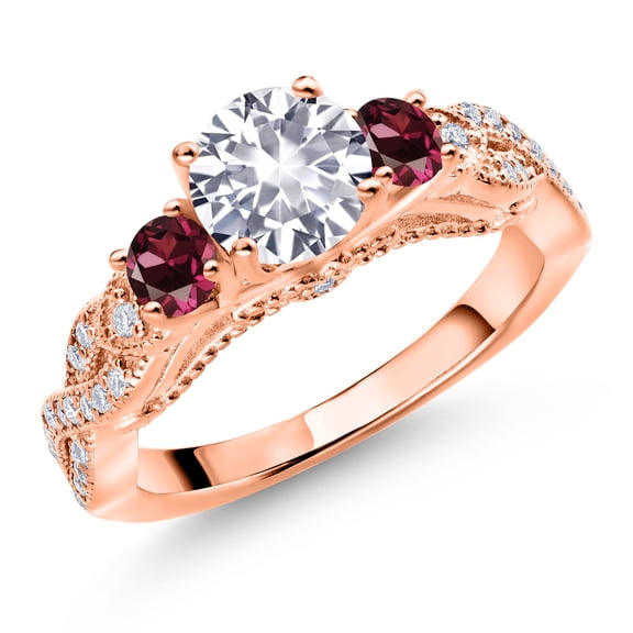 Gem Stone King 18K Rose Gold Plated Silver White Created Sapphire Red Rhodolite Garnet and White Moissanite Engagement Ring for Women (1.51 Ct, Gemstone September Birthstone, Round 6MM, Size 7)