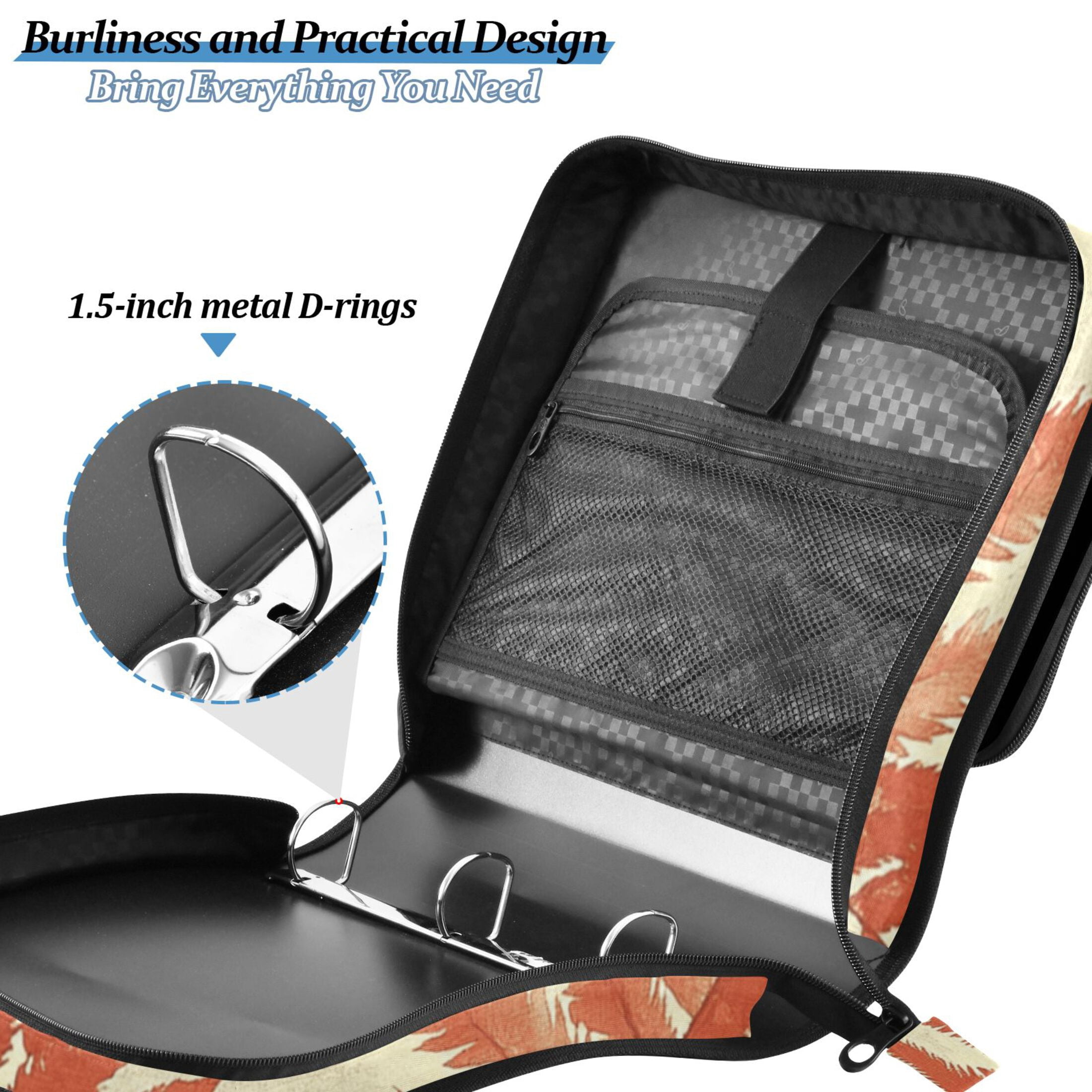 3 Ring Zipper Binder with Shoulder Strap Waterproof Trapper Keeper 2 Inch D-Ring 500 Sheets Capacity Fern Leaves