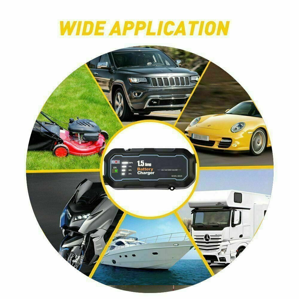 Smart Battery Charger and Maintainer 12V, 1.5A Fully Automatic, 4-Stage Trickle Charger for Car, Marine, Lawn Mower & Lead-Acid Batteries (AGM, GEL)