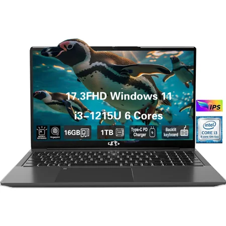 17.3" FHD High-performance laptop, Windows 11, Conference camera, Type-C 65W PD fast charger, Intel i3-1215U 32GB 1TB SSD, Lightweight Business Computer, fingerprint, Backlit keyboard
