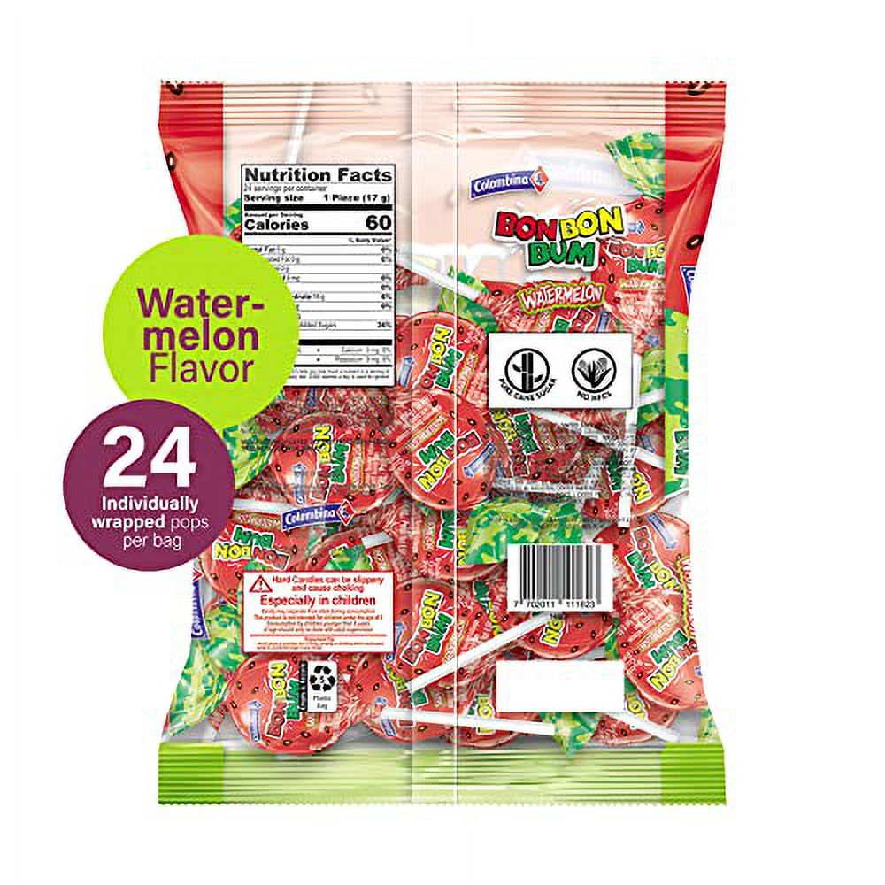 Colombina Bon Bon Bum Lollipops w/Bubble Gum Center - Watermelon Candy Flavor, Gluten Free Pops, Ideal for Party Favors and Gifts, 14.4 oz bag, (24 count) -  Pack Of 1