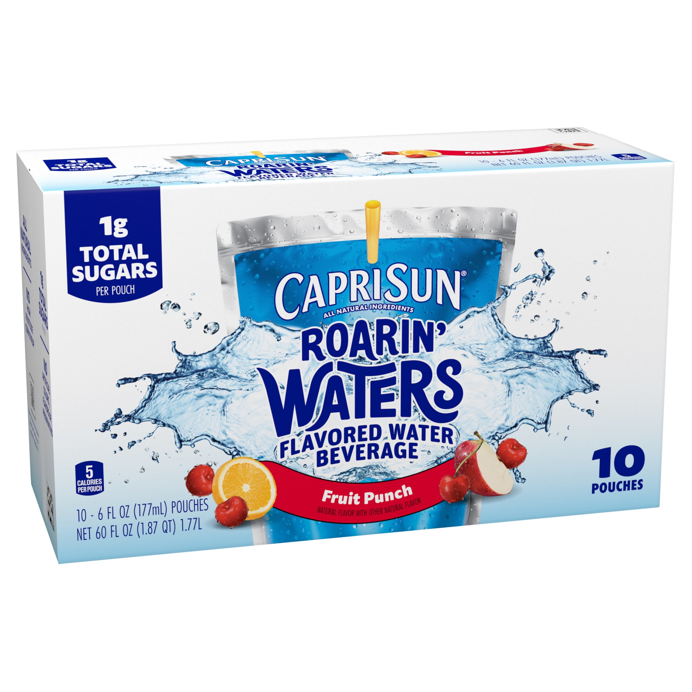 Capri Sun Roarin' Waters Flavored Water Beverage, 10 Pouches, for School Lunches and On-the-Go Hydration, Fruit Punch Natural Flavor with Other Natural Flavor, All Natural Ingredients, 6 oz