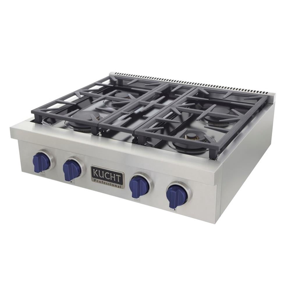 Pemberly Row 30" Natural Gas Range Top in Stainless Steel with Royal Blue Knobs