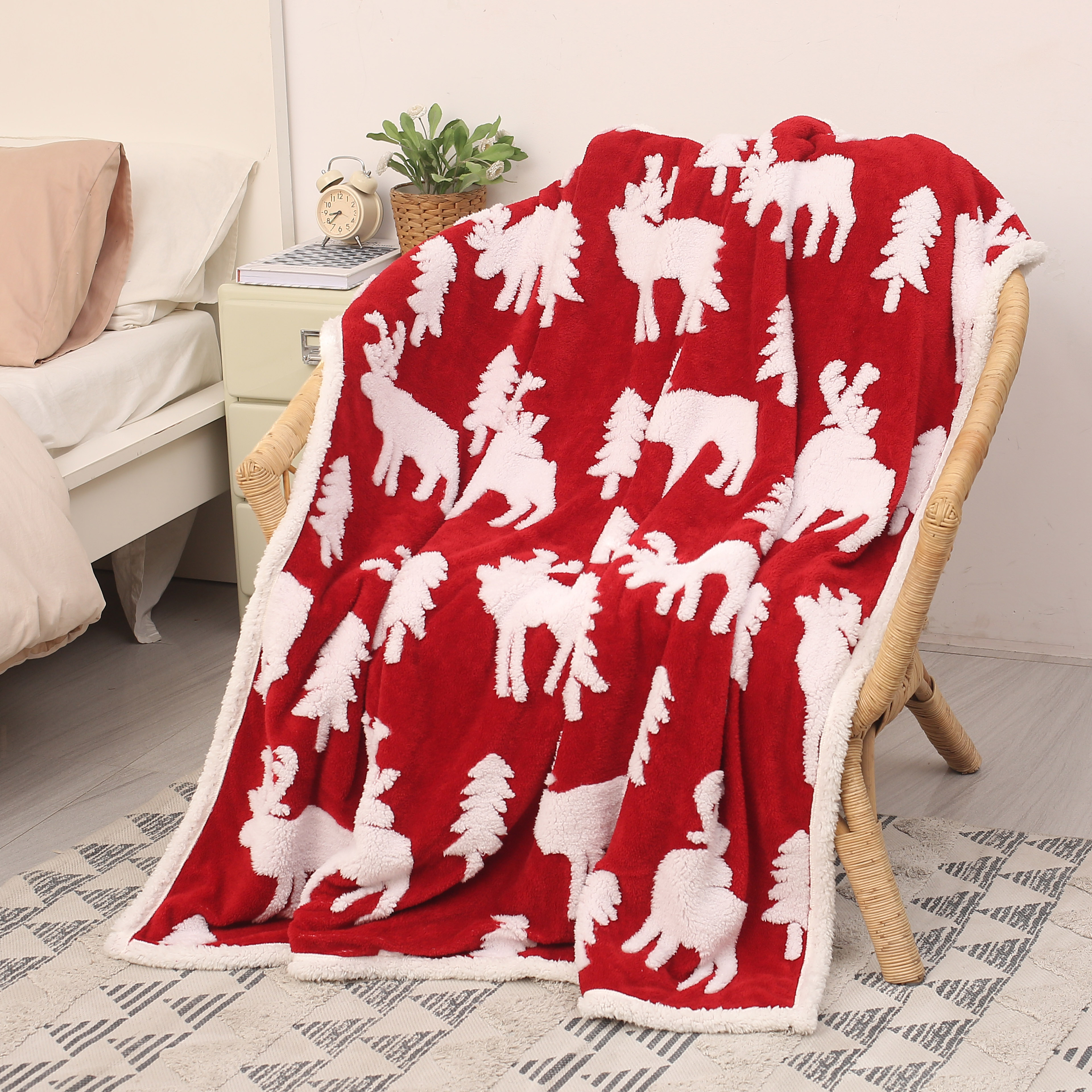 Catalonia Christmas Sherpa Fleece Throw Blanket, Cozy Fuzzy Jacquard