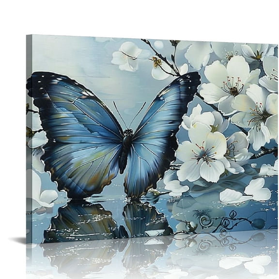 PRATYUS Farmhouse Blue Butterfly Wall Art Rustic Flower Pictures Wall Decor Gift Canvas Painting Prints Artwork Home Decoration Framed for Bathroom Kitchen Bedroom Living Room