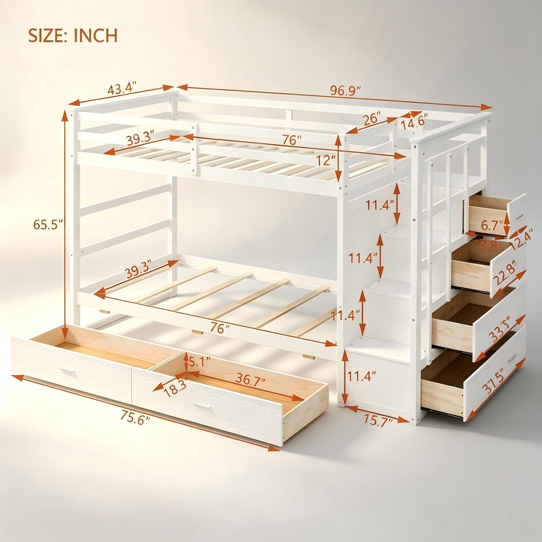 Aukfa Twin over Twin Bunk Bed with 7 Storage Drawers, Wood Bunk Bed with Staircase, Space Saving Design for Kids Bedroom, White
