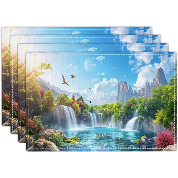 Lake Waterfall Placemats Set of 4 Forest Landscape Table Mats Waterfalls Landscape Place Mats Decor Imitation Linen Heat Resistant ablecloth for Dining Decorations Kitchen Party Restaurants 12''x18''