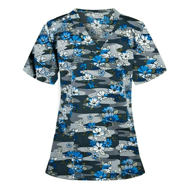 Women's Short Sleeve Summer Tops - Comfortable Cartoon Floral Animal Print For Medical Nurse Uniform