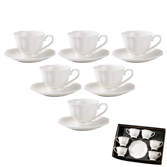 Floral Embossed Ceramic Tea Cup Set with Saucers, 6-Piece White European Style Coffee Cups for Afternoon Tea, Handmade Ruffle Edge Design, Gift Box Included, Dishwasher Safe