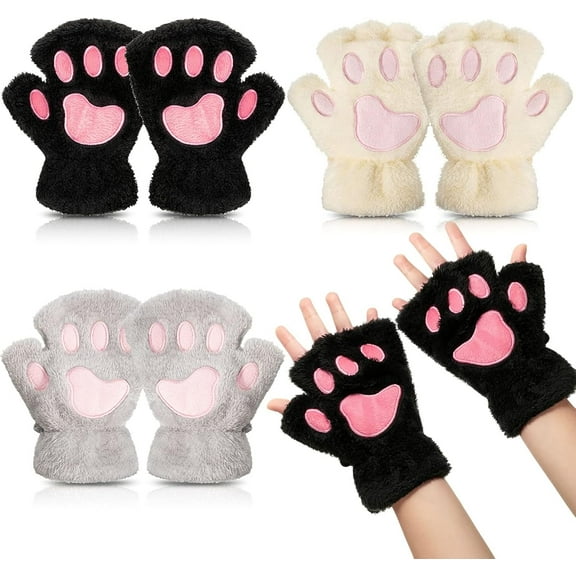 Dalrosia Womens Cat Paw Gloves Winter Plush Faux Fur Cute Halloween Kitten Fingerless Mittens