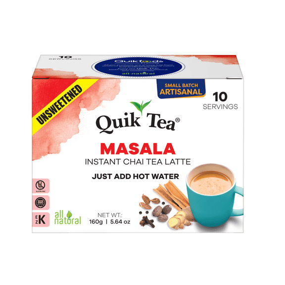 QuikTea Instant Masala Chai Tea Latte Unsweetened, 10 Single-Serve Sachets, Artisanal Indian Chai Latte Mix, Just Add Hot Water, Low Caffeine, Non-GMO, Gluten Free