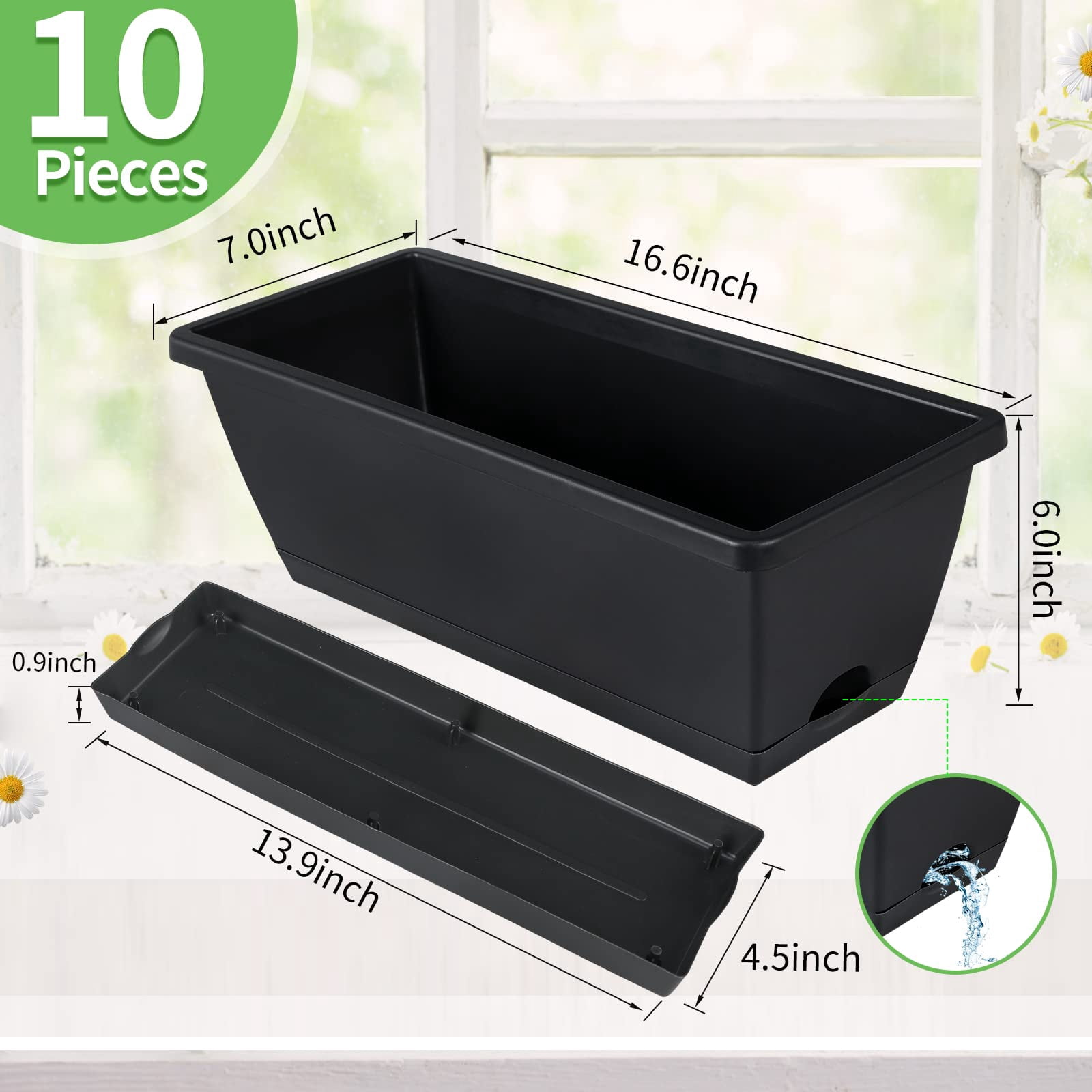 Window Box Planter Black L 16.6 x W 7 x H 5.9 inches Rectangular Plastic Pot with Saucer for Indoor Outdoor Garden