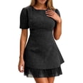 thumbnail image 2 of YUNAFFT Elegant Rhinestone Embellished Mesh Trim Solid Color Round Neck Short Sleeve Bodycon Mini Dress for Women, 2 of 9
